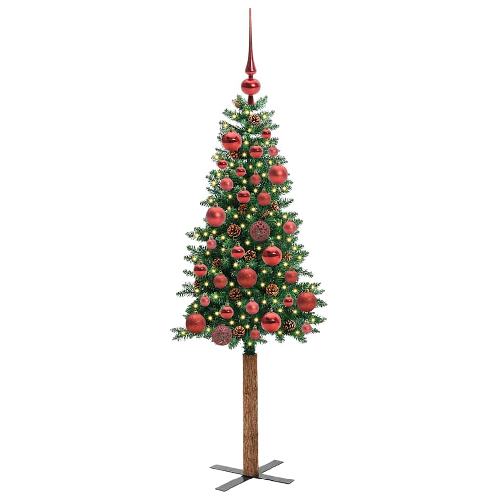Slim Christmas Tree PVC and Solid Pine wood Green 150 cm with 61 red balls