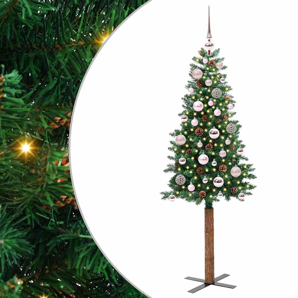 Slim Christmas Tree PVC and Solid Pine wood Green 150 cm with 61 pink balls