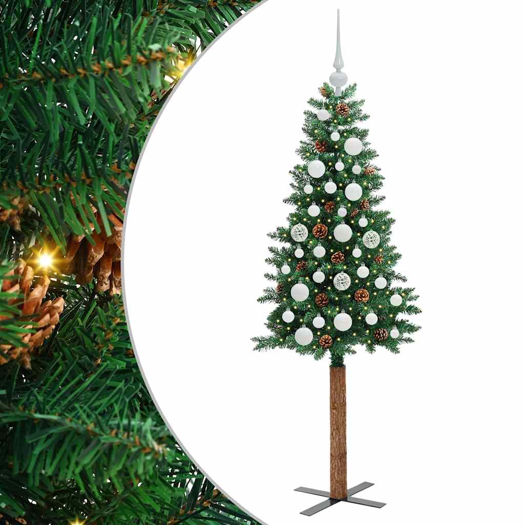Slim Christmas Tree PVC and Solid Pine wood Green 150 cm with 61 white balls