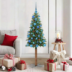 Slim Christmas Tree PVC and Solid Pine wood Green 150 cm with 61 blue balls