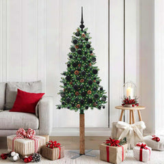 Slim Christmas Tree PVC and Solid Pine wood Green 180 cm with 120 black balls