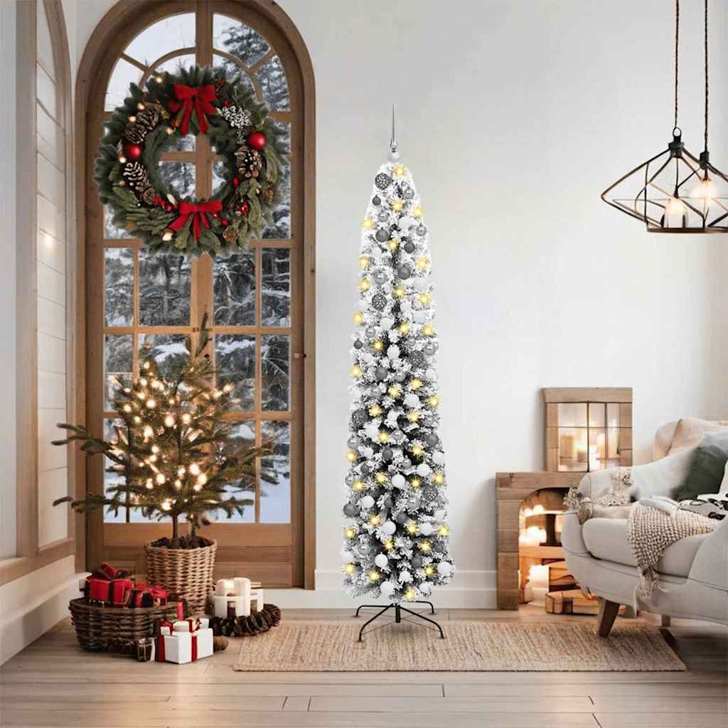 Artificial Christmas Tree Green Green and White 180 cm with 300 LEDs & 120 white/grey balls