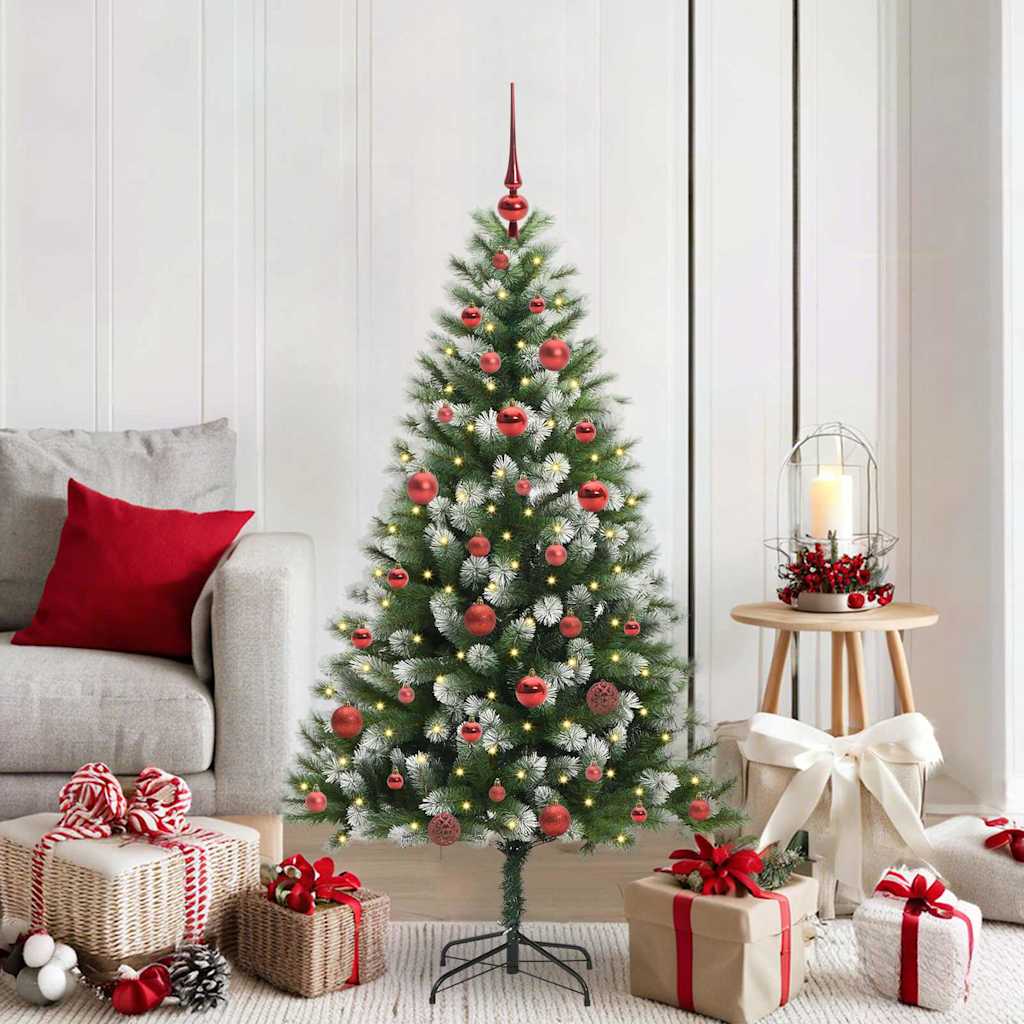 Artificial Hinged Christmas Tree with Flocked Snow 150 LEDs 150 cm with LEDs&red balls