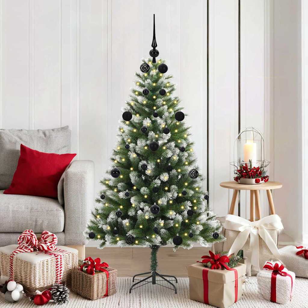 Artificial Hinged Christmas Tree with Flocked Snow 150 LEDs 150 cm with LEDs&black balls