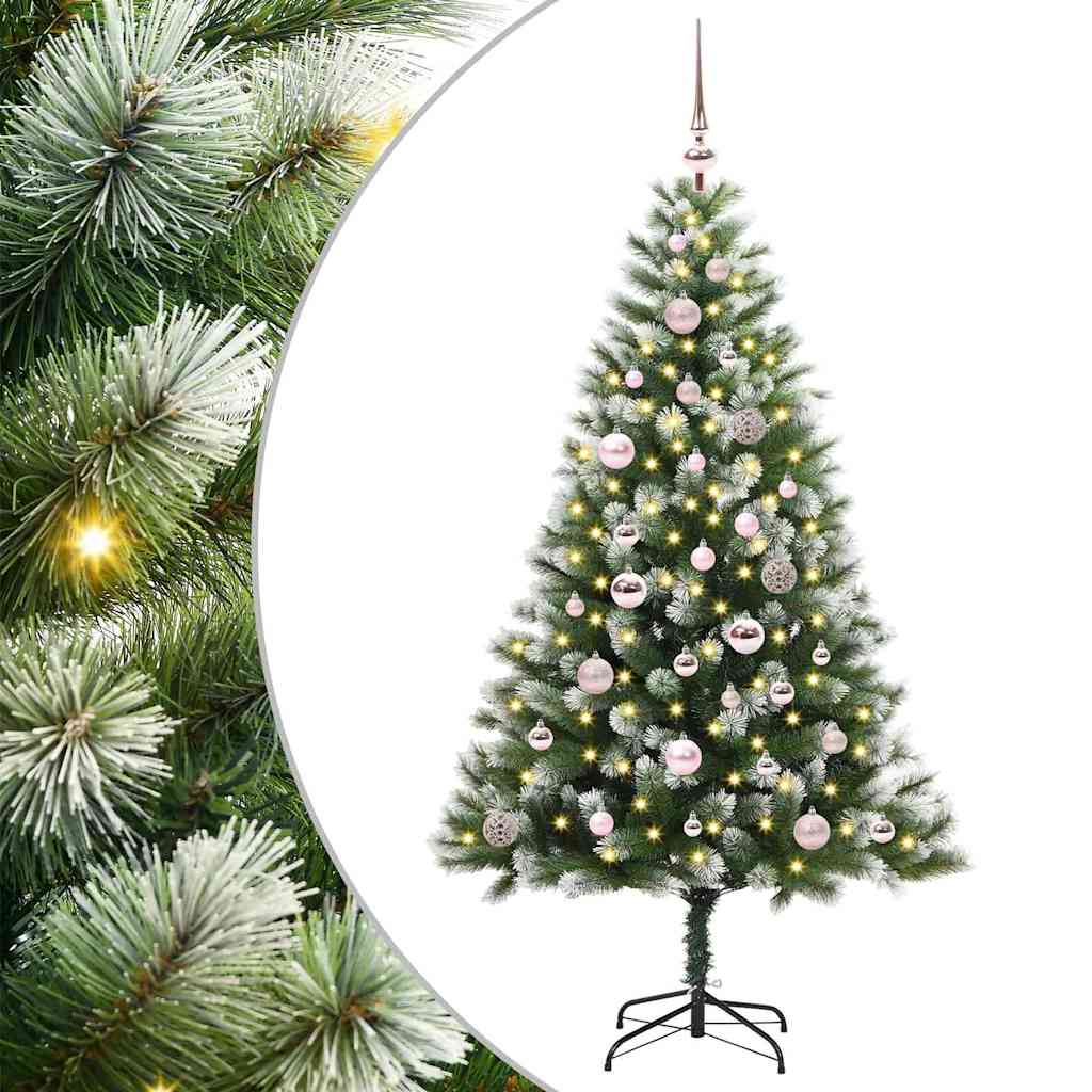 Artificial Hinged Christmas Tree with Flocked Snow 150 LEDs 150 cm with LEDs&pink balls