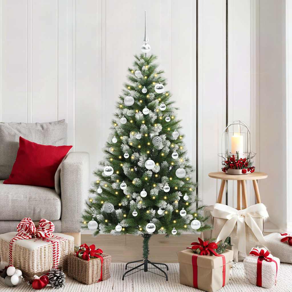 Artificial Hinged Christmas Tree with Flocked Snow 150 LEDs 150 cm with LEDs&silver balls