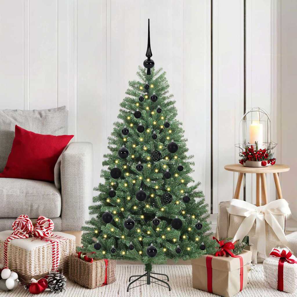 Artificial Hinged Christmas Tree PVC and Metal Green 120 cm with LEDs &black balls