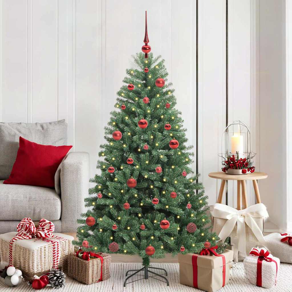 Artificial Hinged Christmas Tree PVC and Metal Green 150 cm with LEDs &red balls