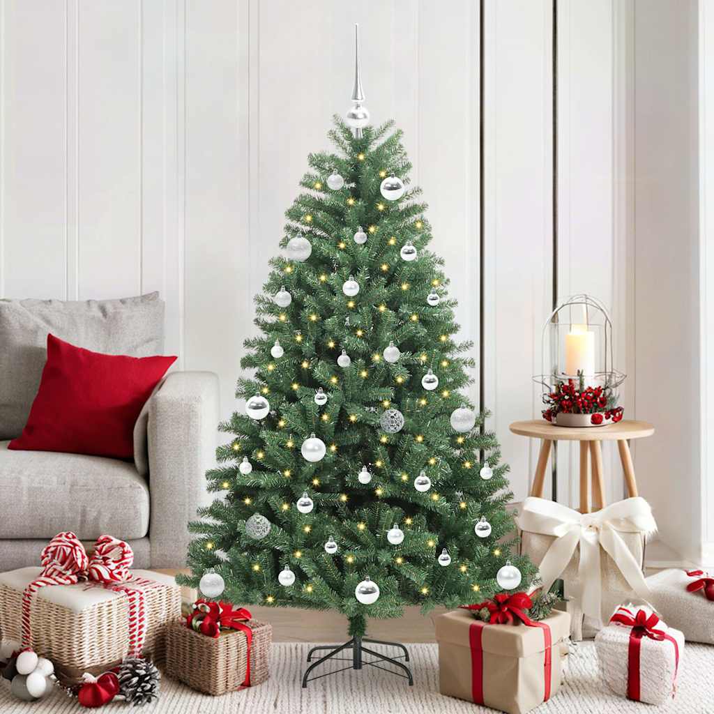 Artificial Hinged Christmas Tree PVC and Metal Green 150 cm with LEDs &silver balls