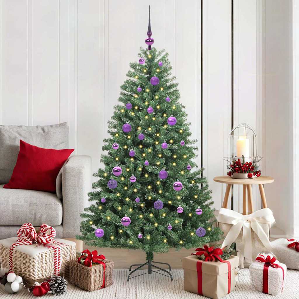 Artificial Hinged Christmas Tree PVC and Metal Green 150 cm with LEDs &lilac balls