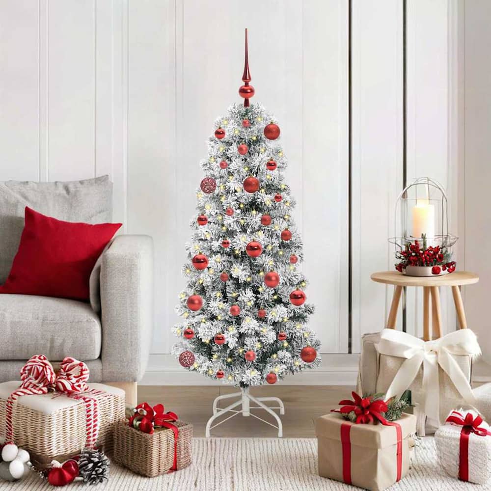Artificial Hinged Christmas Tree Green and White 120 cm with LEDs &red balls