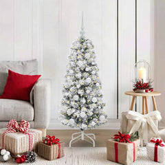 Artificial Hinged Christmas Tree Green and White 120 cm with LEDs &white balls