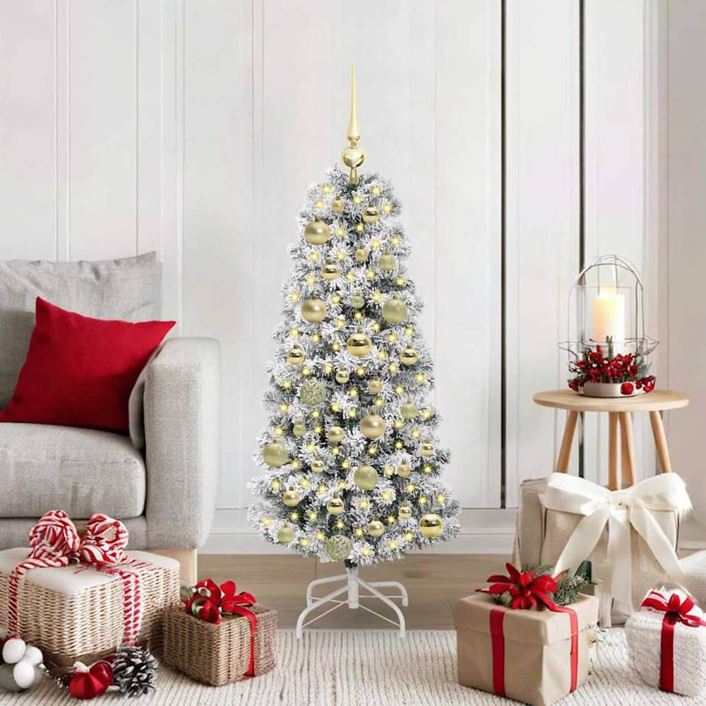 Artificial Hinged Christmas Tree Green and White 120 cm with LEDs &gold balls