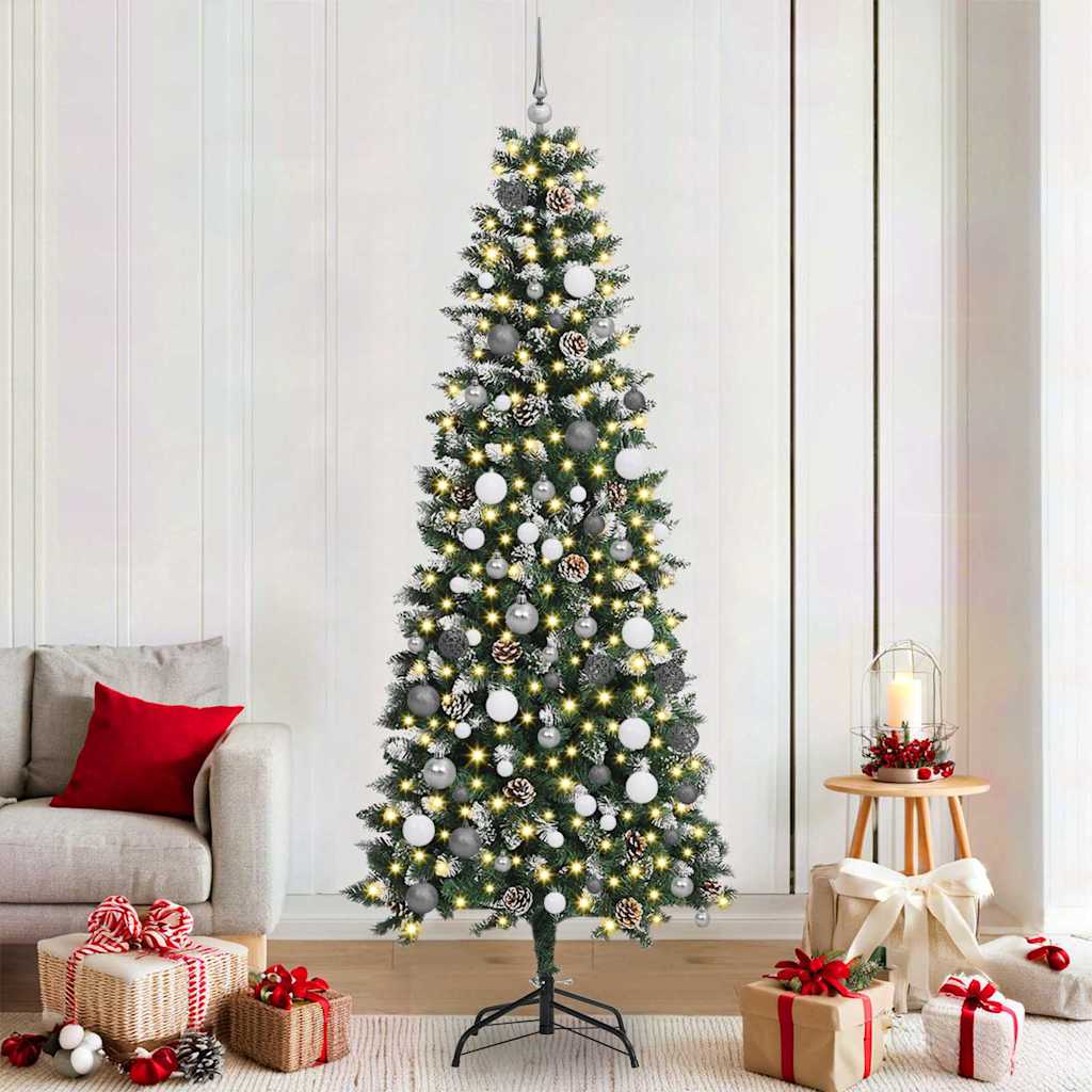 Artificial Christmas Tree Green 210 cm with LEDs &white/grey balls