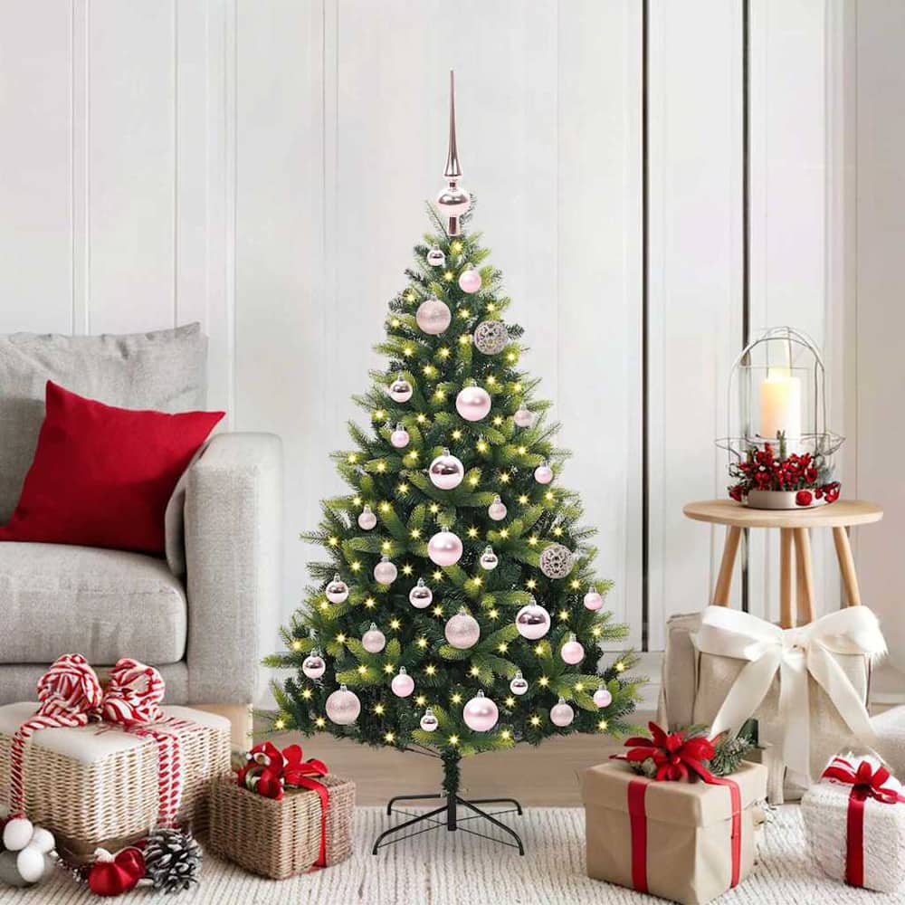 Artificial Hinged Christmas Tree 150 LEDs Green 120 cm with LEDs&pink balls