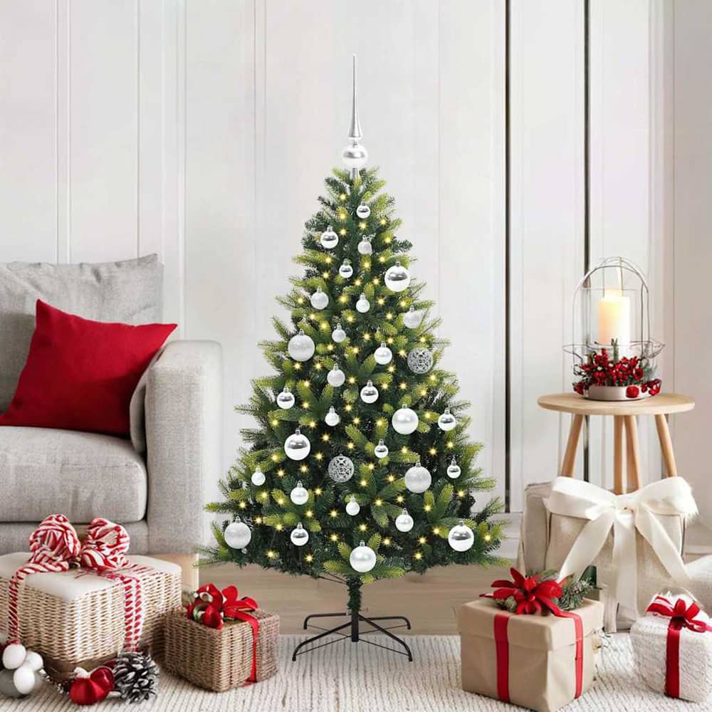 Artificial Hinged Christmas Tree 150 LEDs Green 120 cm with LEDs&silver balls