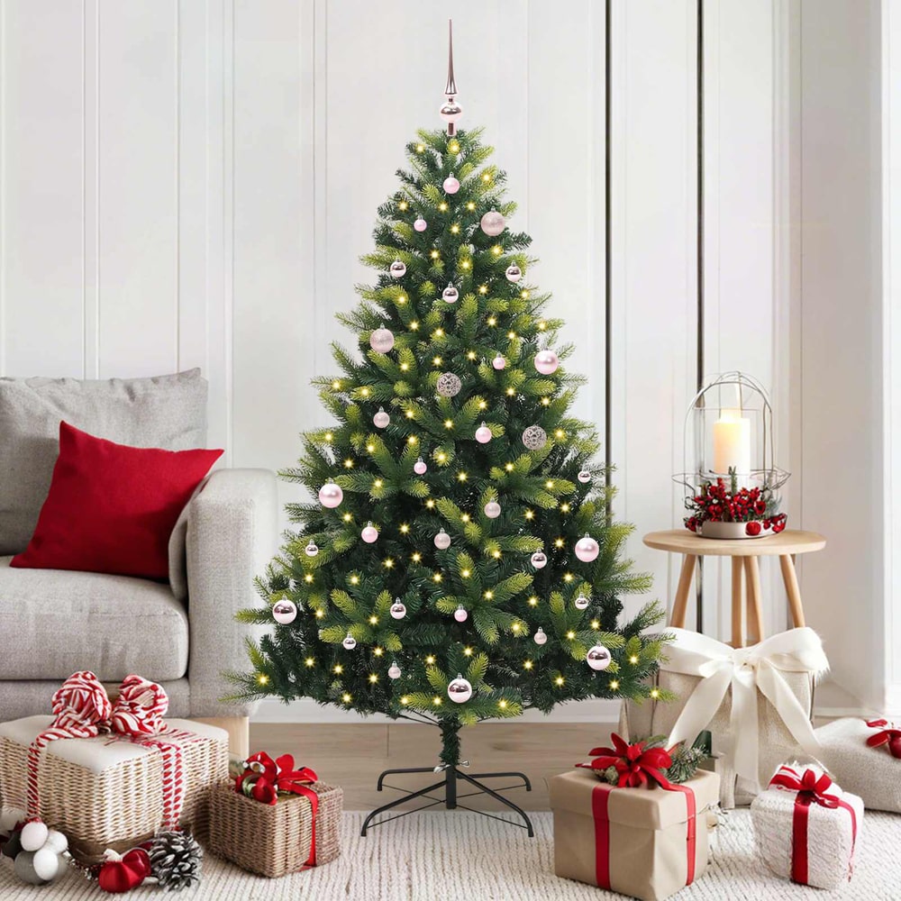 Artificial Hinged Christmas Tree 150 LEDs Green 150 cm with LEDs&pink balls