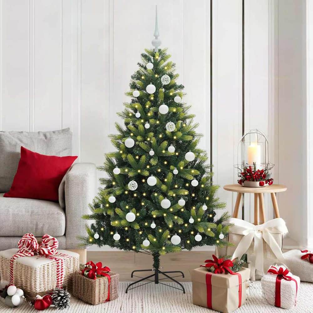 Artificial Hinged Christmas Tree 150 LEDs Green 150 cm with LEDs&white balls