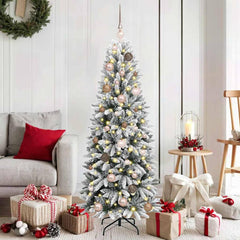 Artificial Christmas Tree White Green and White 150 cm with LEDs &rose gold balls