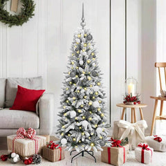 Artificial Christmas Tree White Green and White 150 cm with LEDs &white/grey balls