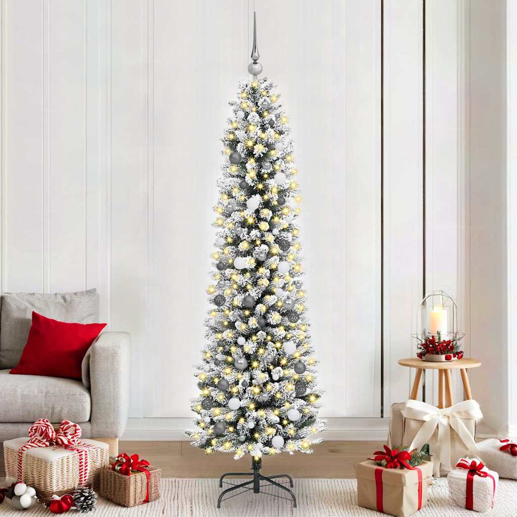 Artificial Christmas Tree White 210 cm with LEDs & white/grey balls