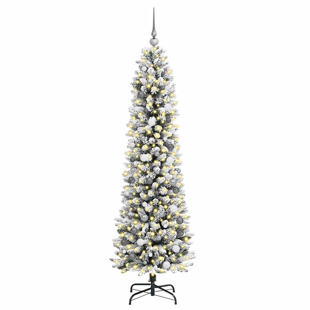 Artificial Christmas Tree White 210 cm with LEDs & white/grey balls