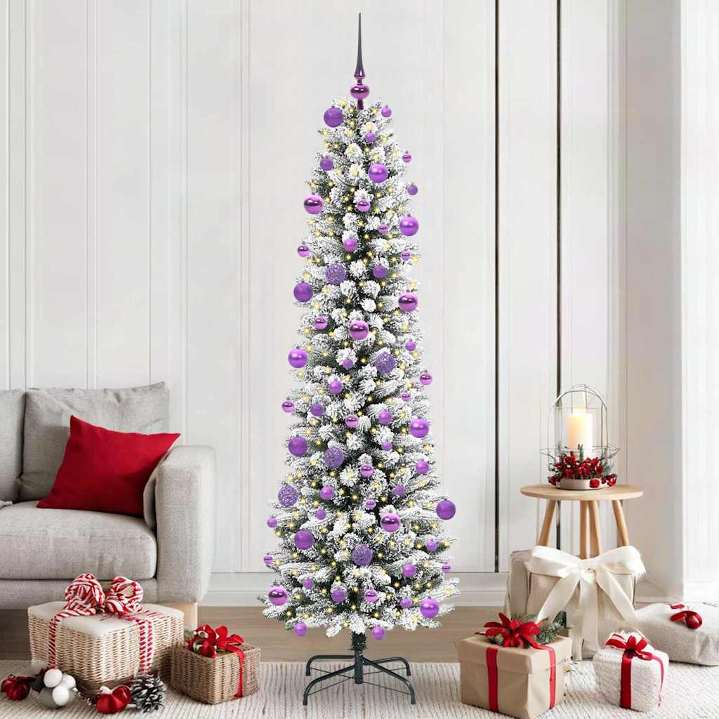 Artificial Christmas Tree White 210 cm with LEDs & lilac balls