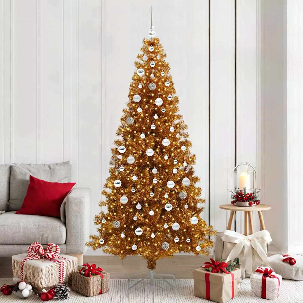 Christmas Tree with LED Light PET and Steel 210 cm Gold with 300 LEDs&silver balls