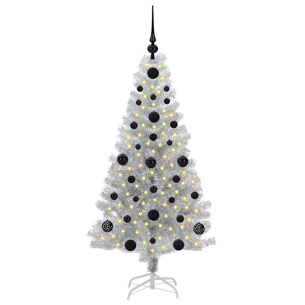 Christmas Tree PET 120 cm Silver with 150 LEDs&black balls