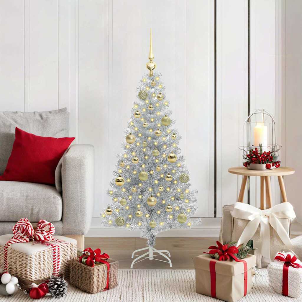Christmas Tree PET 120 cm Silver with 150 LEDs&gold balls
