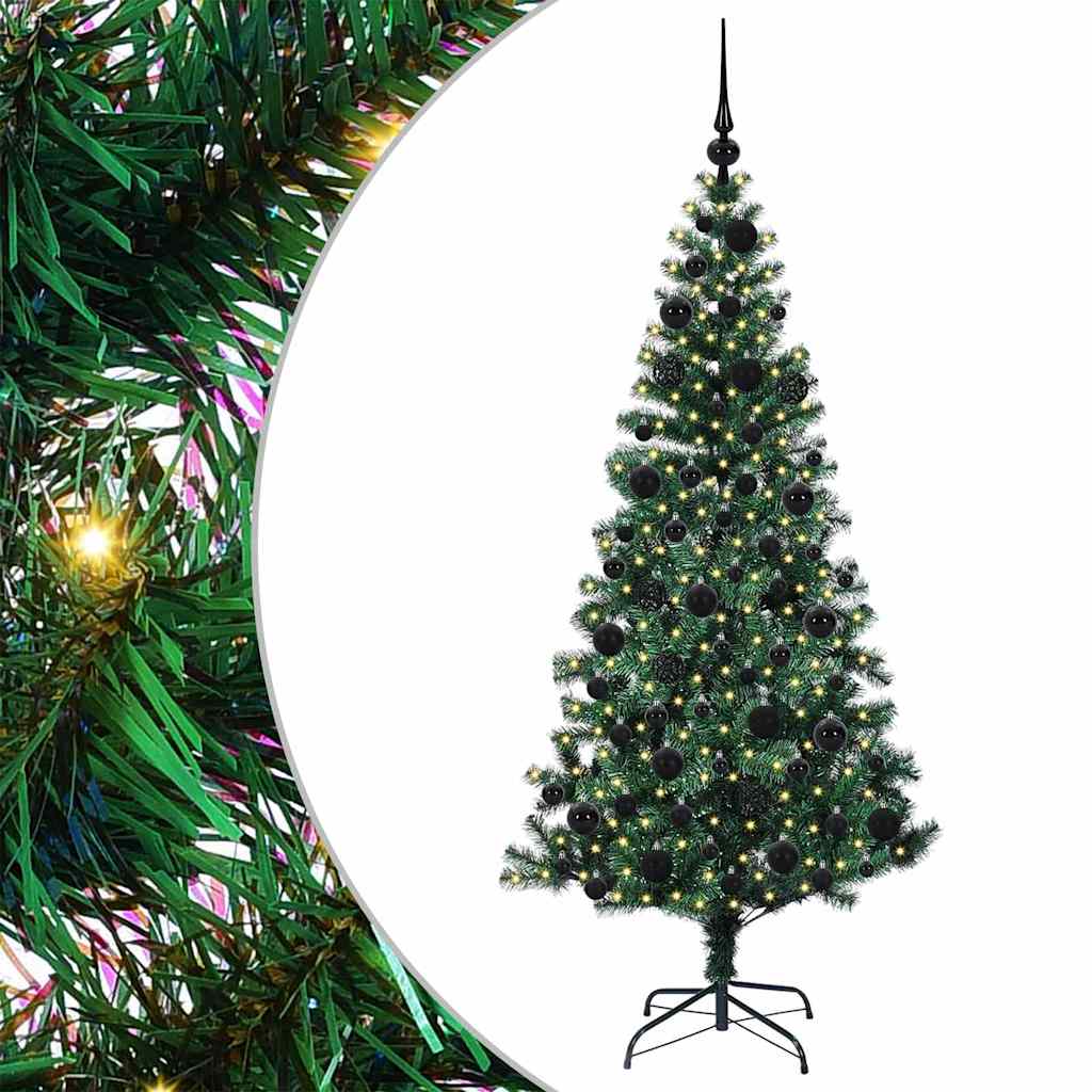 Artificial Pre-lit Christmas Tree Green PVC and Metal 180 cm with leds &black balls