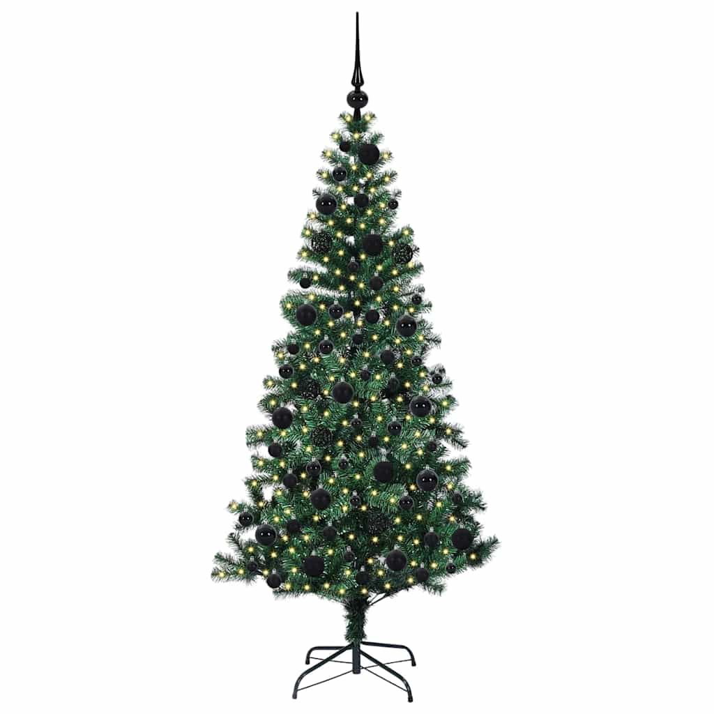 Artificial Pre-lit Christmas Tree Green PVC and Metal 180 cm with leds &black balls