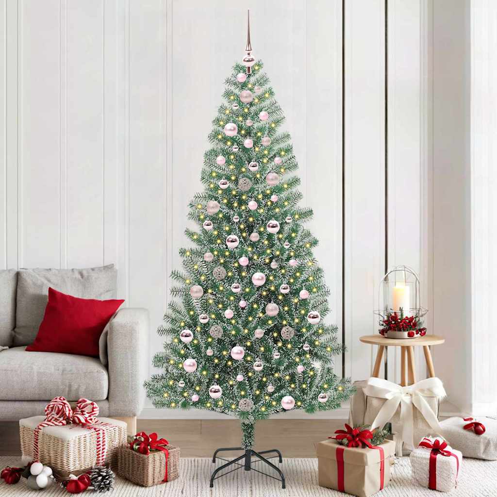 Artificial Christmas Tree Snow Flocked with LED Light 210 cm with LEDs&pink balls