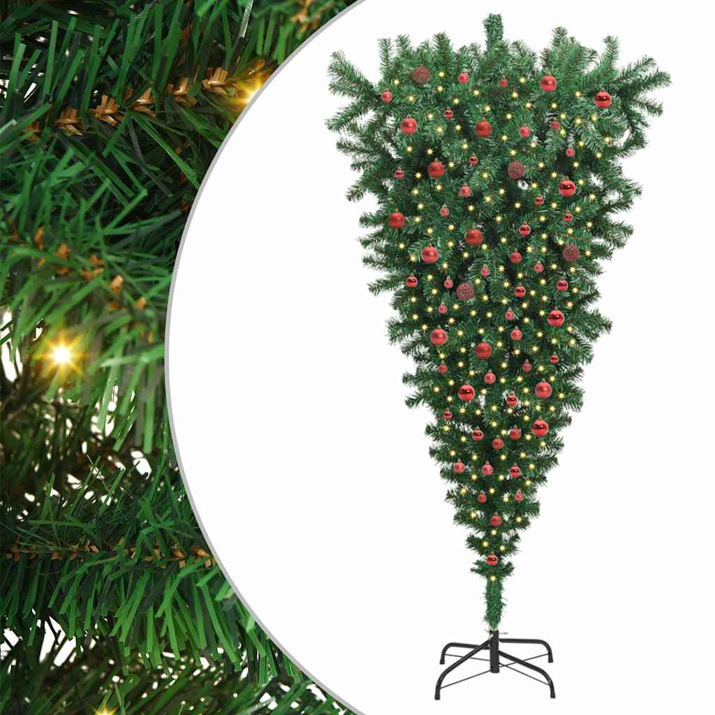Upside-down Artificial Pre-lit Christmas Tree with Ball Set PVC Width 210 cm with 120 red balls