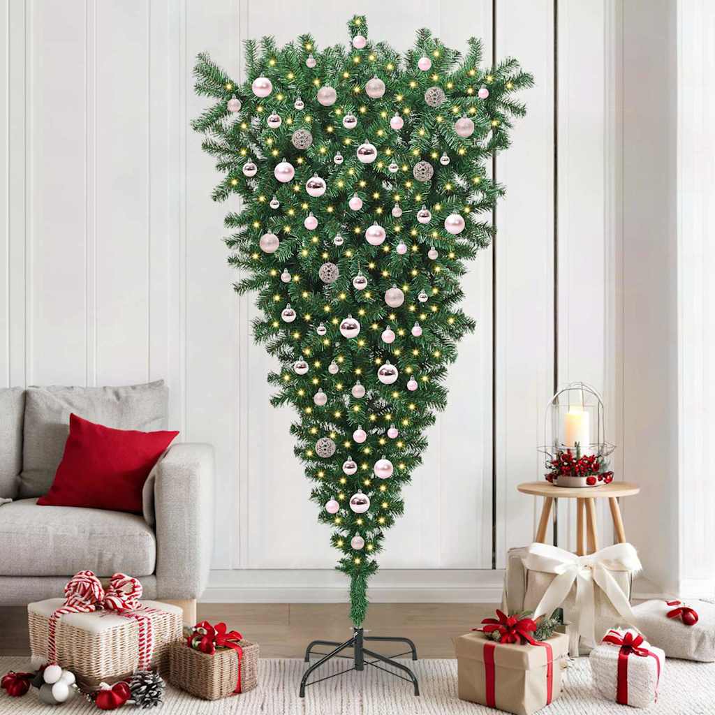 Upside-down Artificial Pre-lit Christmas Tree with Ball Set PVC Width 210 cm with 120 pink balls