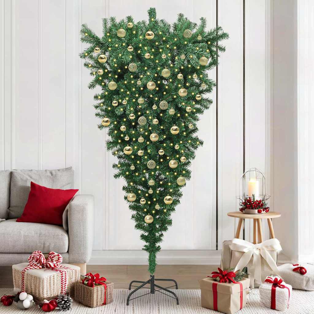 Upside-down Artificial Pre-lit Christmas Tree with Ball Set PVC Width 210 cm with 120 golden balls