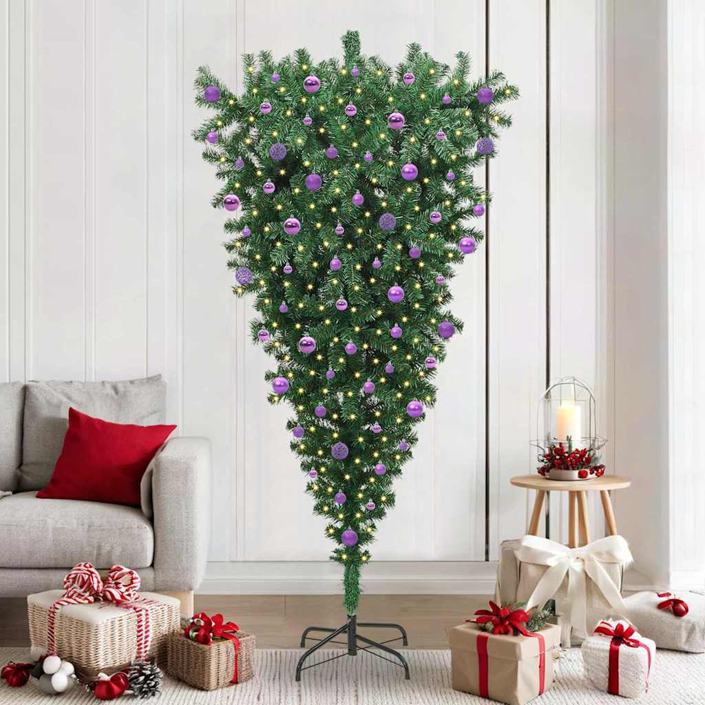 Upside-down Artificial Pre-lit Christmas Tree with Ball Set PVC Width 210 cm with 120 lilac balls