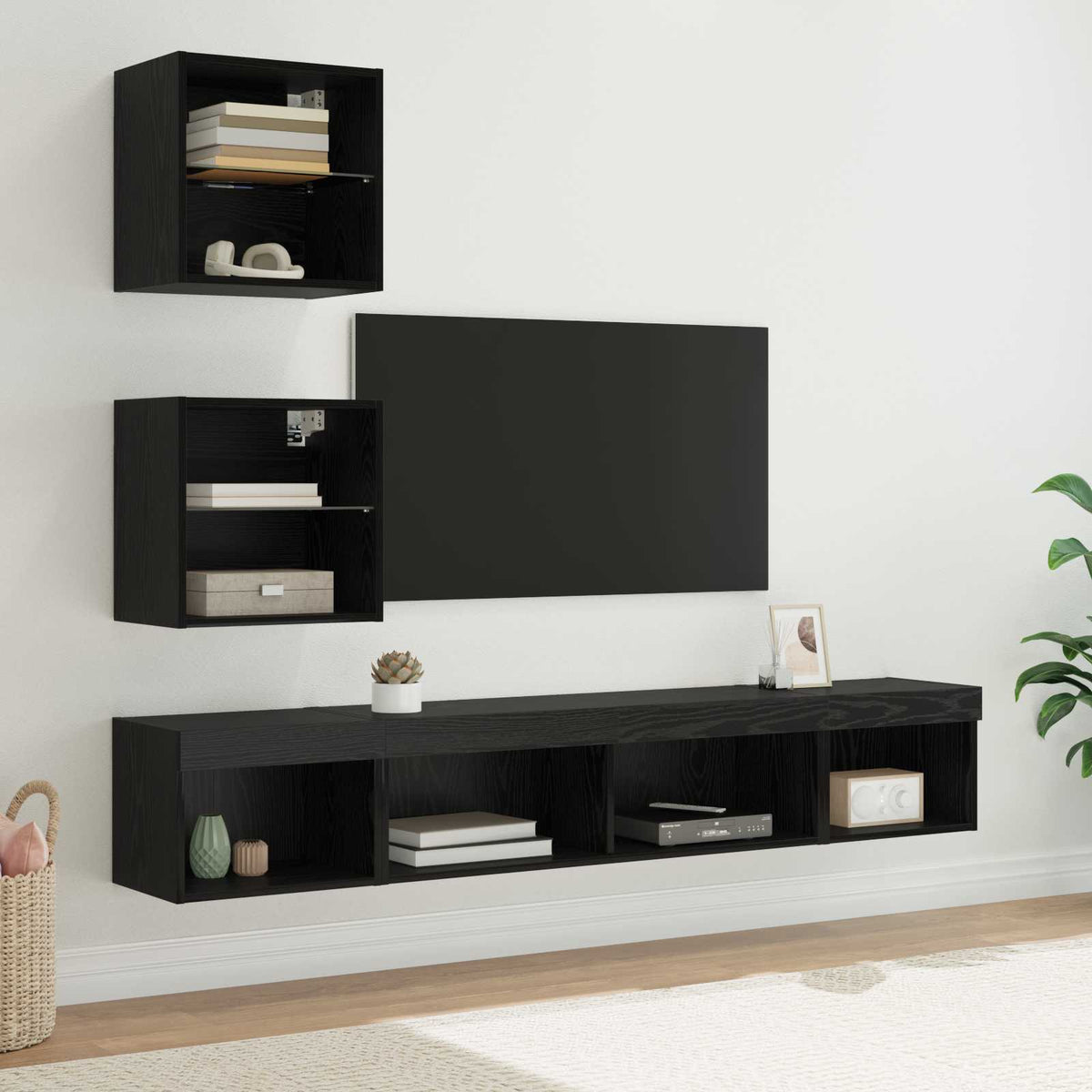 5 Piece TV Wall Units with LED Engineered Wood Black oak