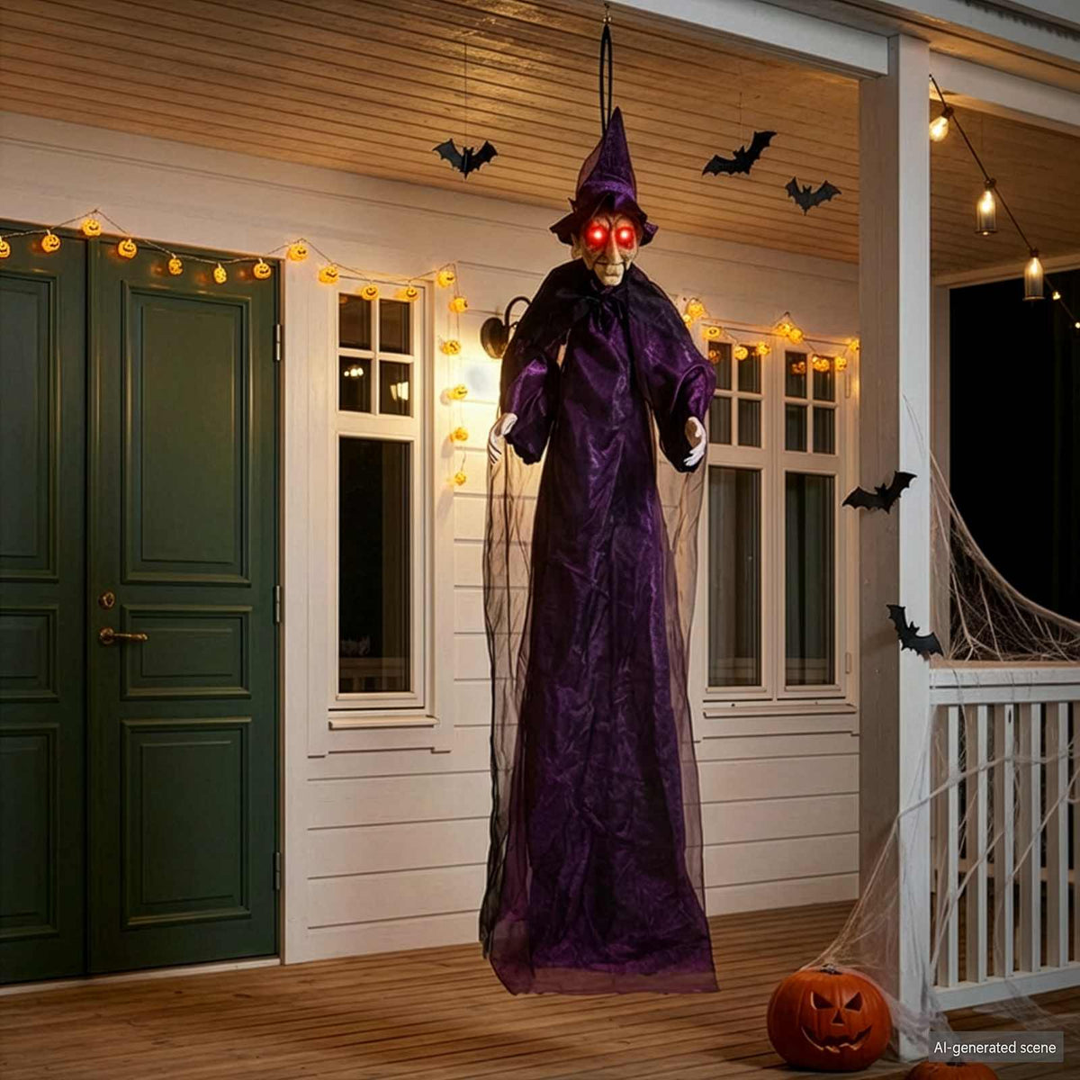 vidaXL Hanging Halloween Talking Witch SPOOKA Purple 216 x 125 cm 1