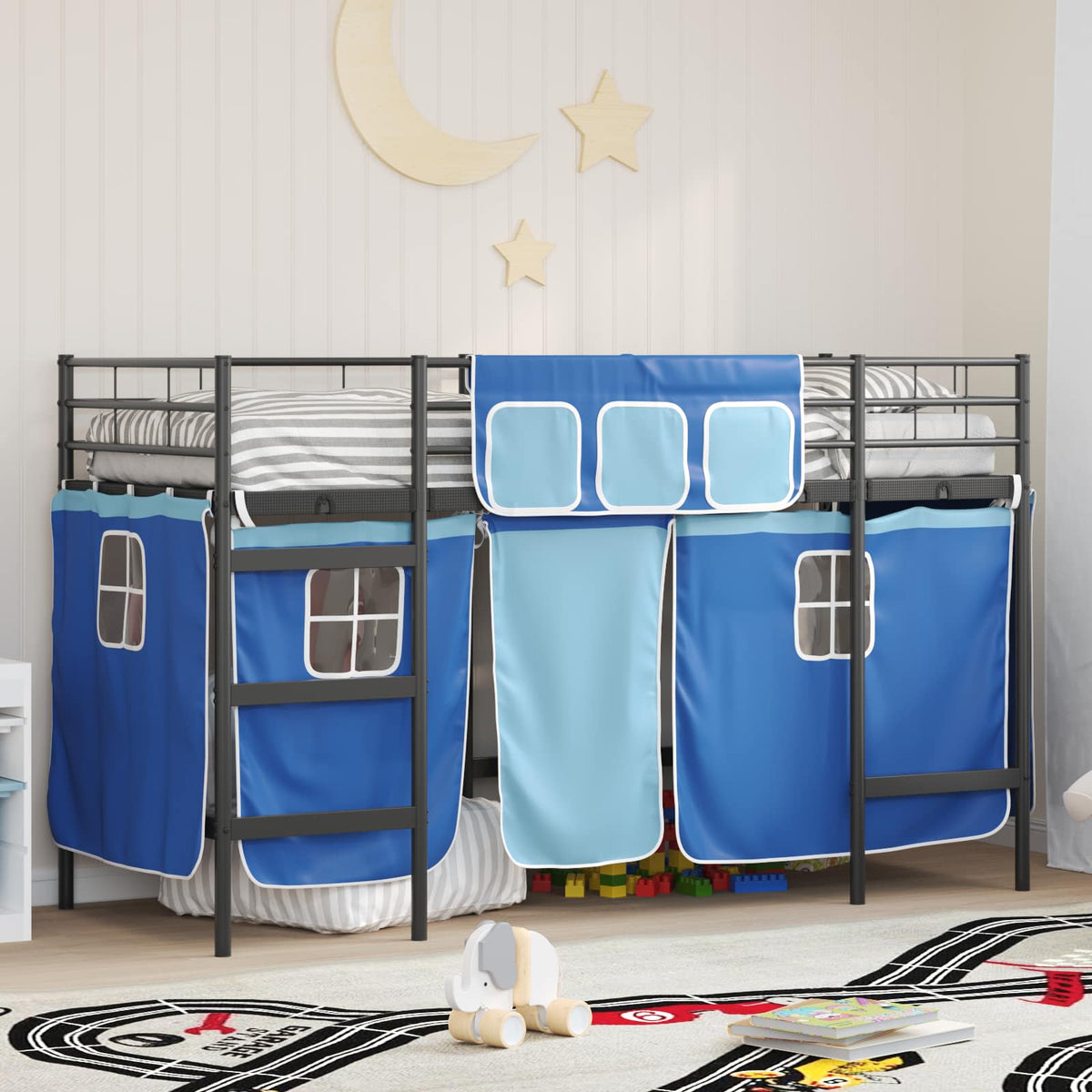 Kids Bunk Bed Frame Curtains Length Black blue