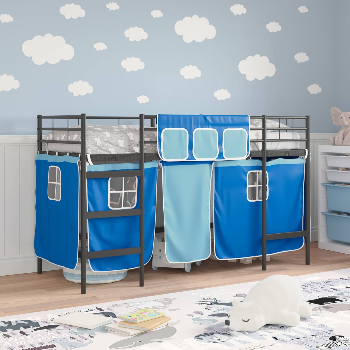 Kids' Bunk Bed Frame with Curtains Length 190 cm Black and blue 75 cm