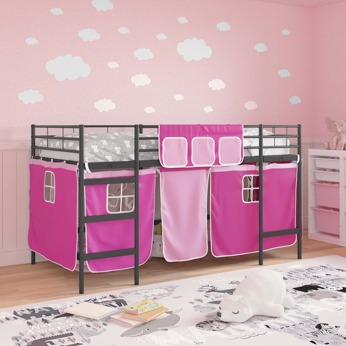 Kids' Bunk Bed Frame with Curtains 107 x 203 cm Black and pink