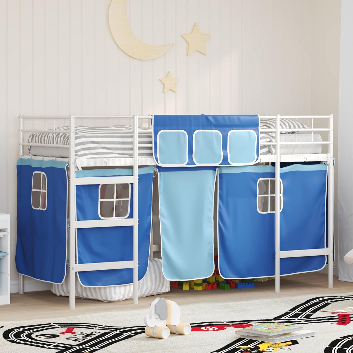 Kids Bunk Bed Frame Curtains Length White blue