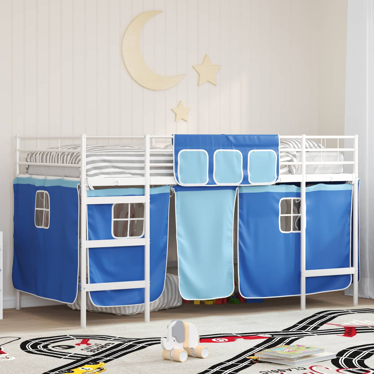 Kids' Bunk Bed Frame with Curtains 107 x 203 cm White and blue