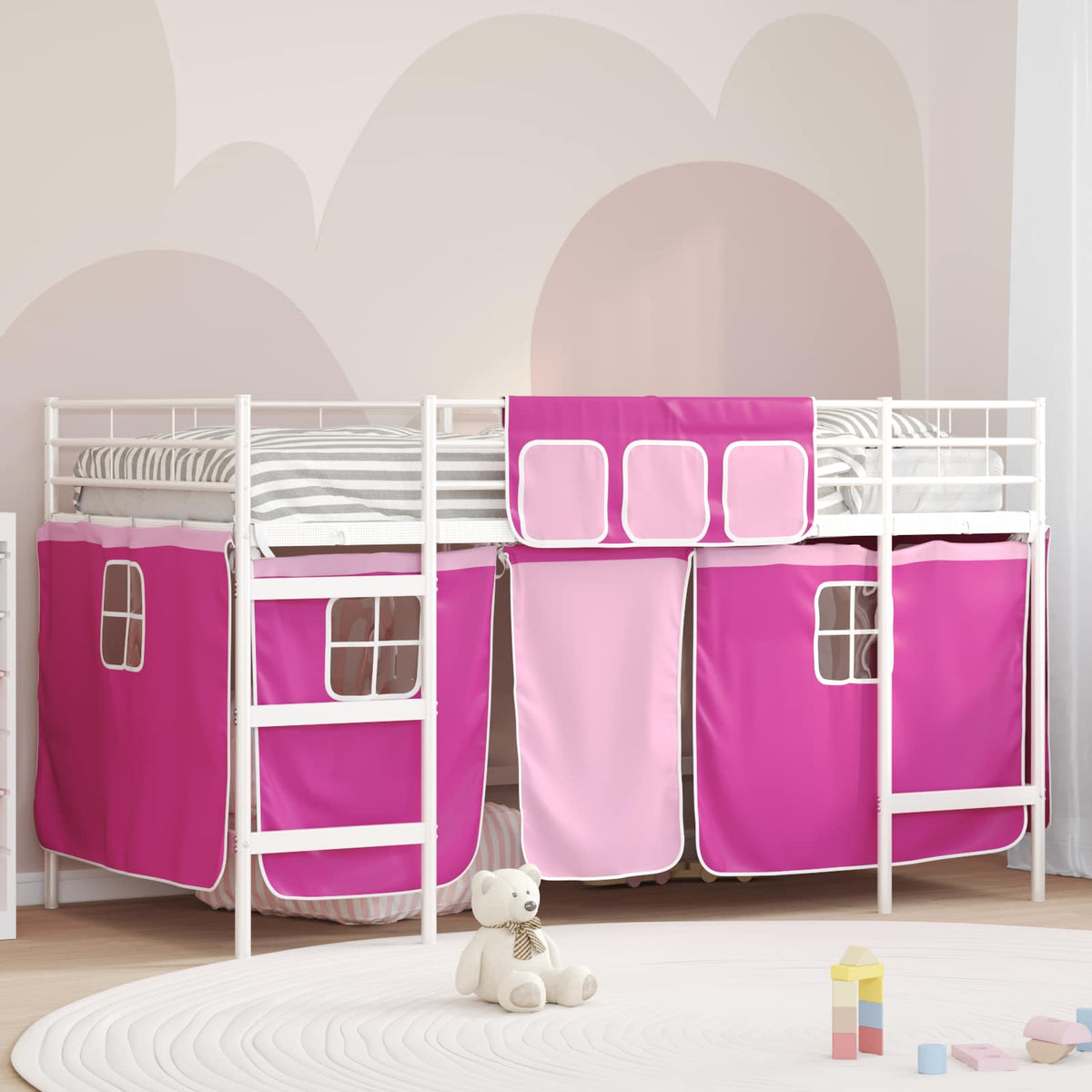 Kids' Bunk Bed Frame with Curtains 107 x 203 cm White and pink