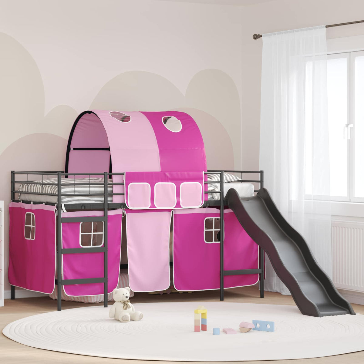 Kids' Bunk Bed Frame with Curtains Length 200 cm Black and pink 100 cm