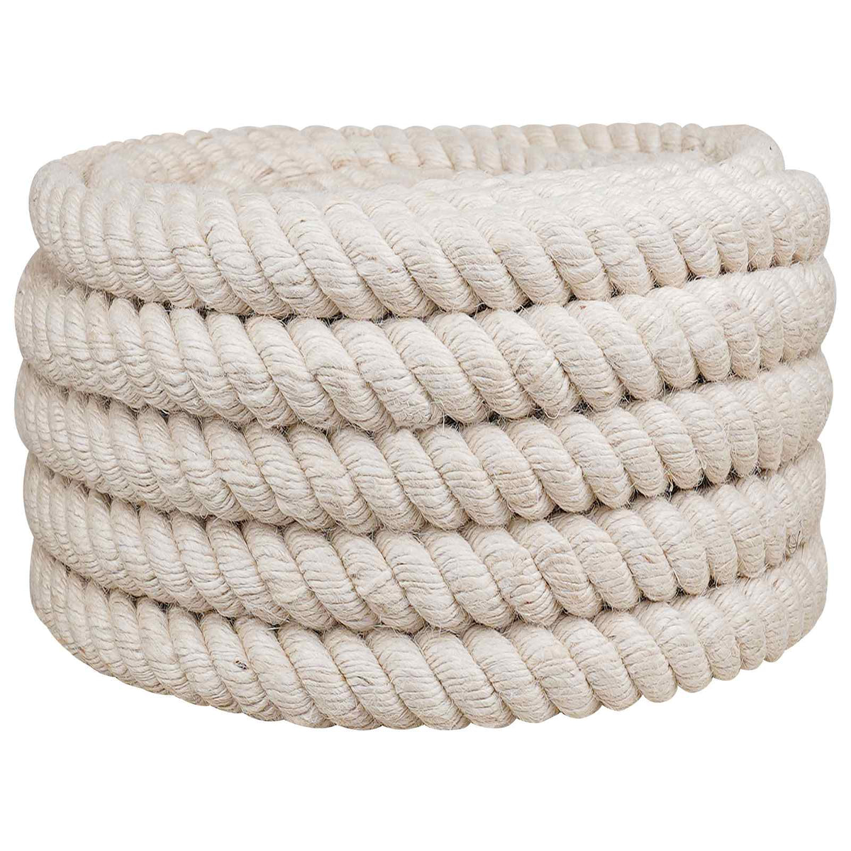 A close-up of a thick white jute rope coiled neatly, showing its texture