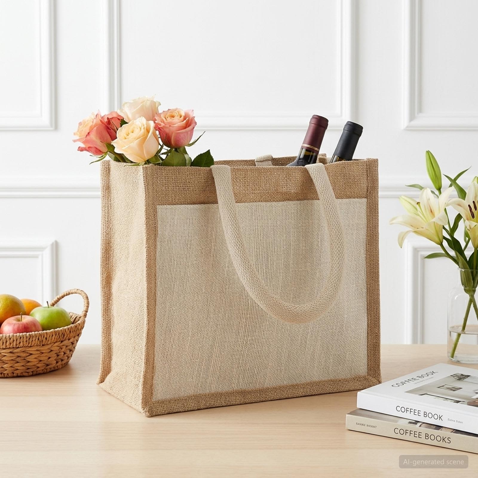 vidaXL Jute Handbags with Pocket 10 Natural and White 26 x 22 x 14 cm 1