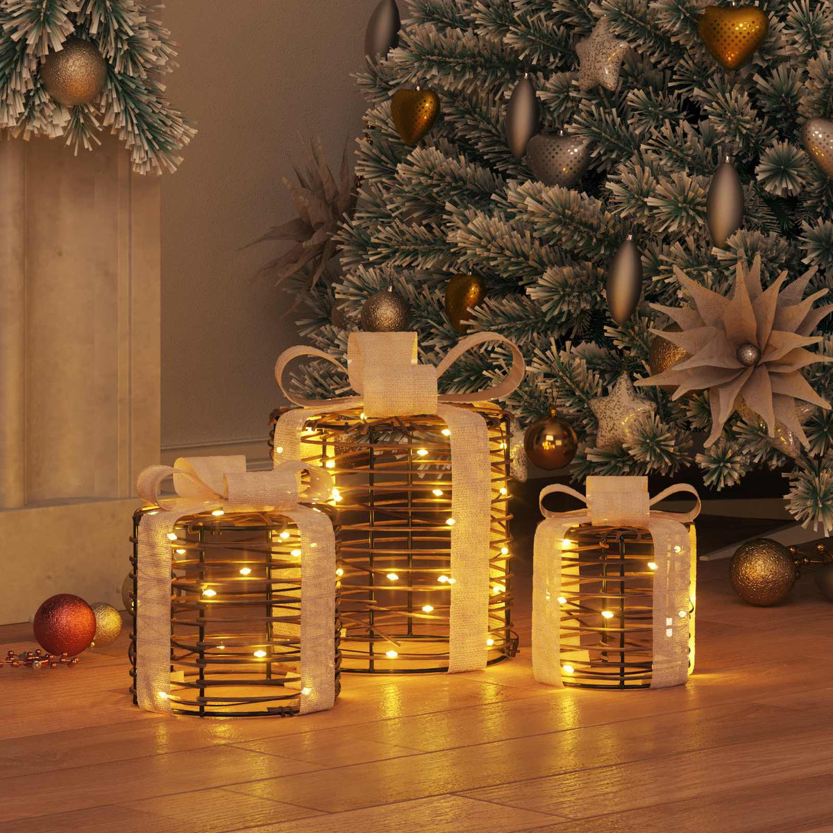 vidaXL Gift Box Decoration 3 pcs Warm white 20 x 20 x 20 cm Rattan 3