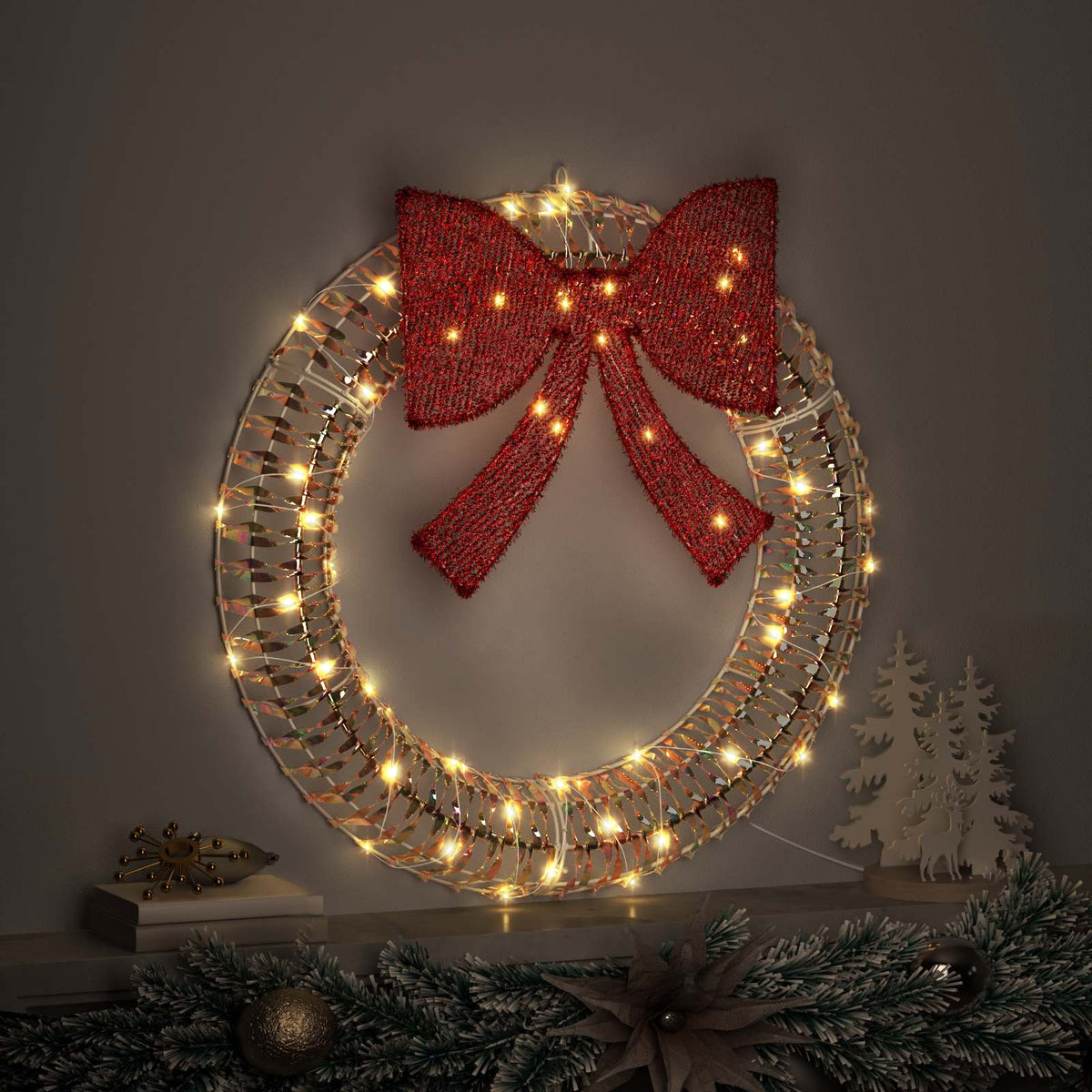 Wreath Warm white 75 x 75 x 8 cm PET 60 LEDs 75 cm Iridescent PET